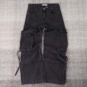 SONG Washed Black Cargo Jeans Wide Leg Baggy Utility Pants Size 1/25